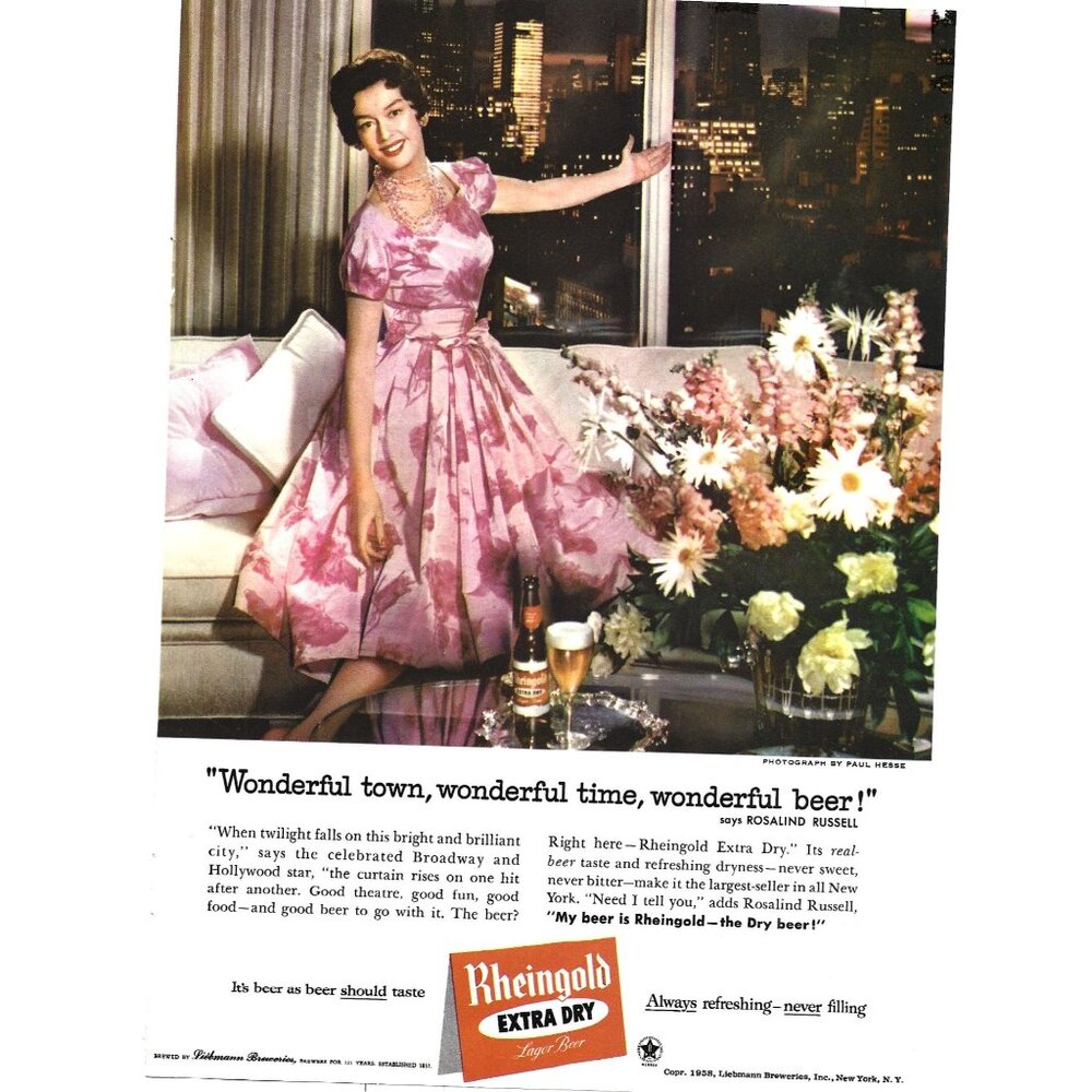 1958 Rheingold Beer Print Ad Rosalind Russell New York City Skyline Background